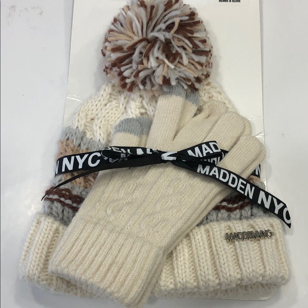 Madden NYC Cable Knit Beanie Hat & Gloves Set – Cream/Brown/Gray – NWT